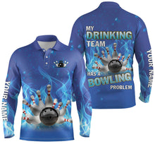 Load image into Gallery viewer, Personalized Men Bowling Polo Shirt blue Flame Bowling Ball and Pins, My drinking team bowling problem NQS4505