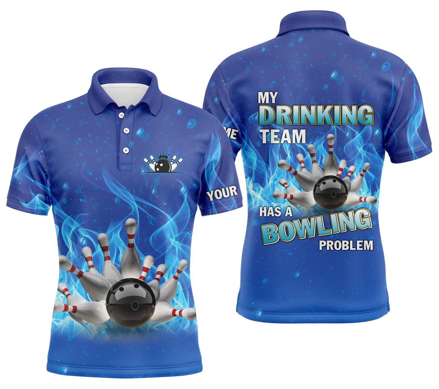 Custom blue bowling shirt for men – personalized team jersey front view