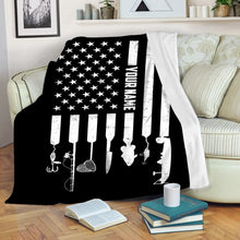 Load image into Gallery viewer, Personalized black American flag fishing icons Fishing Fleece Blanket, Gifts For Fisherman NQS7006