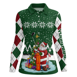Ugly Christmas green argyle pattern golf shirt custom Womens polo shirt Santa Golfer Christmas gift NQS6542