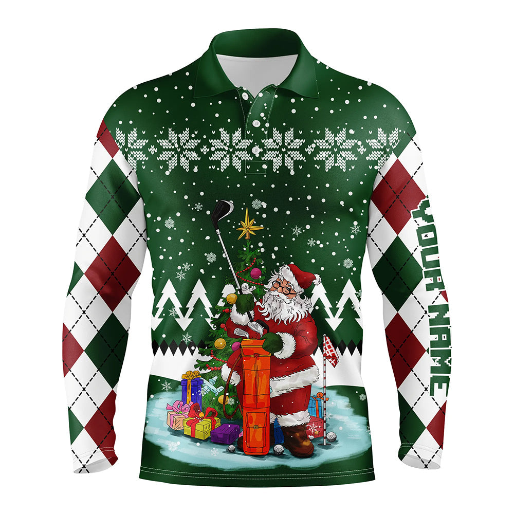 Ugly Christmas green argyle pattern golf shirt custom Mens golf polo shirt Santa Golfer Christmas gift NQS6542