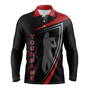 Personalized red and black sports golf custom polo shirt, Golfer silhouette best golf shirt for men NQS4649