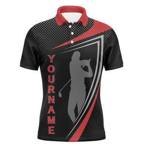 Personalized red and black sports golf custom polo shirt, Golfer silhouette best golf shirt for men NQS4649