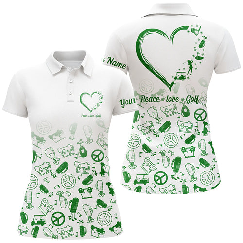 Womens golf polo shirts custom name green heart peace love golf, personalized golf shirts for women NQS5147