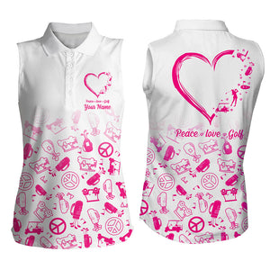 Womens sleeveless polo shirts custom pink heart peace love golf, personalized golf shirts for women NQS5149