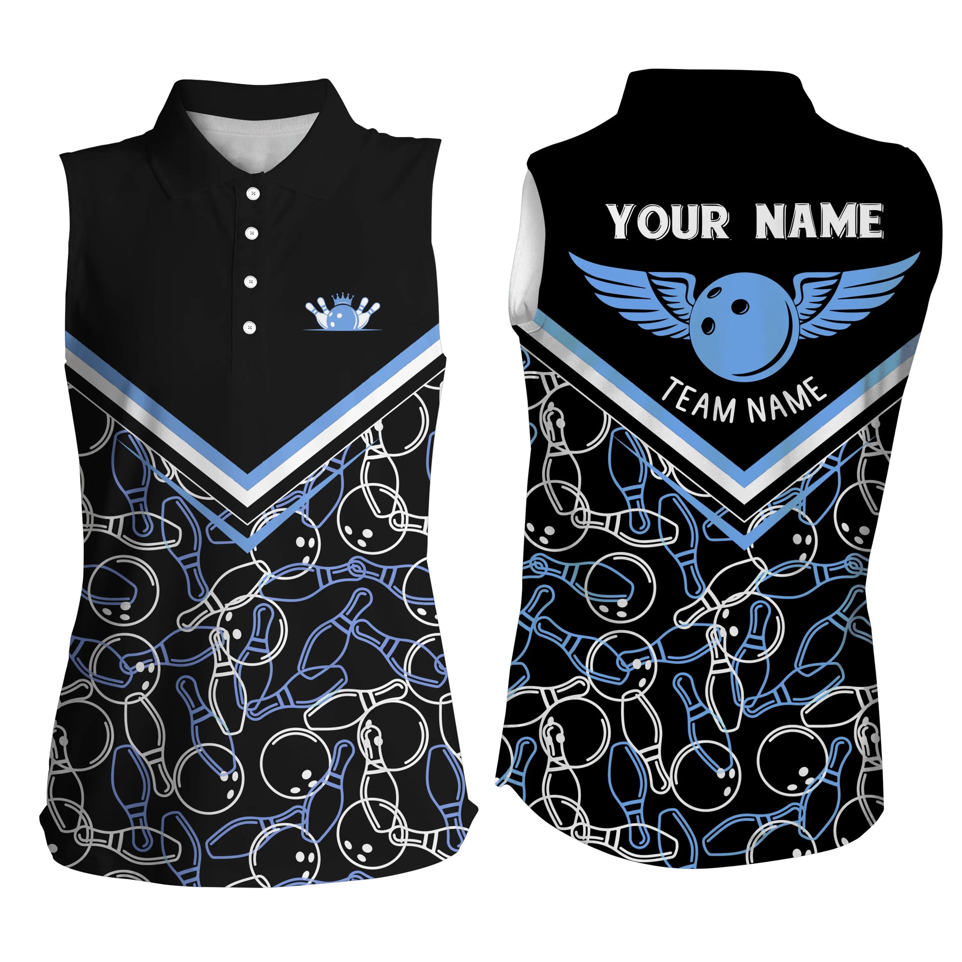 Custom sleeveless bowling shirt for women – personalized team jersey front view