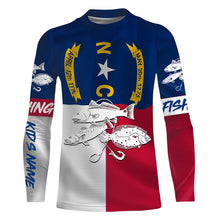 Load image into Gallery viewer, Inshore Slam Flounder, Redfish, Speckled Trout fishing North Carolina State Flag custom name 3D All Over print fishing shirts NQS440