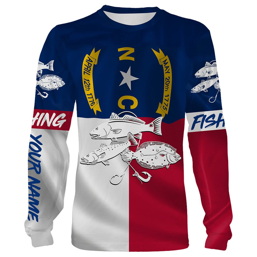 Inshore Slam Flounder, Redfish, Speckled Trout fishing North Carolina State Flag custom name 3D All Over print fishing shirts NQS440