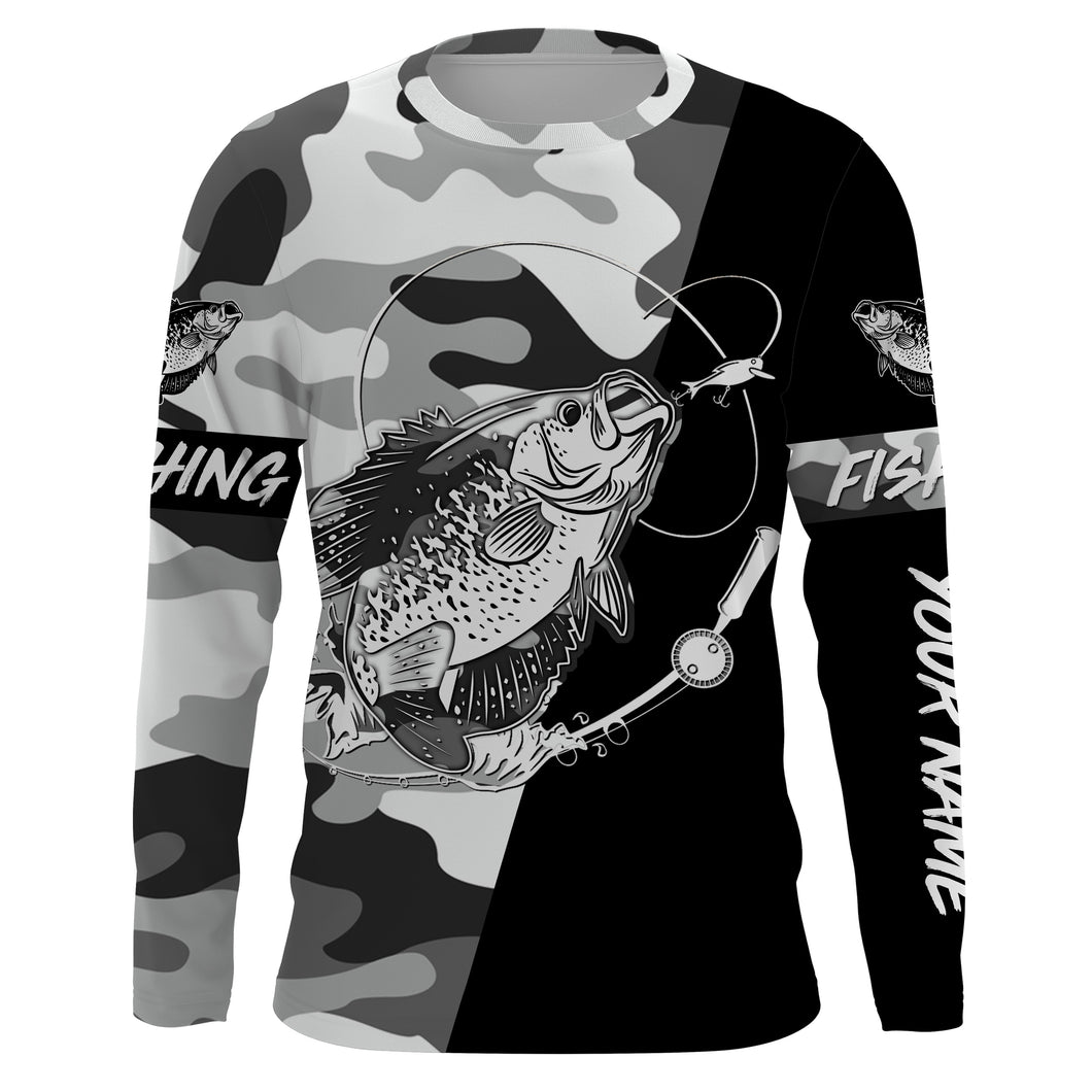 Ice fishing crappie winter camo custom name sun protection long sleeve fishing shirts, crappie jerseys NQS4092