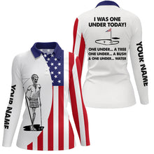 Load image into Gallery viewer, Women golf polo shirt American flag white golf skull custom I was one under today tree, bush and water NQS7153