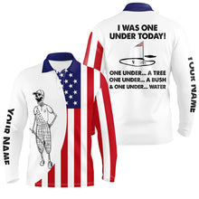 Load image into Gallery viewer, Mens golf polo shirts American flag white golf skull custom I was one under today tree, bush and water NQS7153