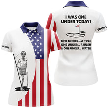 Load image into Gallery viewer, Women golf polo shirt American flag white golf skull custom I was one under today tree, bush and water NQS7153