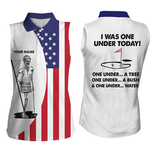 Womens sleeveless polo shirt American flag golf skull custom I was one under today tree, bush, water NQS7153