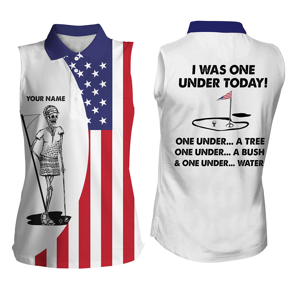 Womens sleeveless polo shirt American flag golf skull custom I was one under today tree, bush, water NQS7153