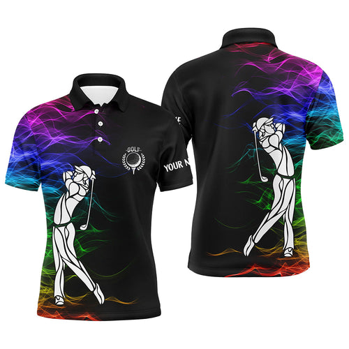Personalized colorful rainbow smoke pattern black Mens golf polo shirts custom golf tops for mens NQS7262