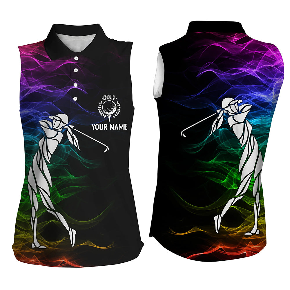 Personalized colorful rainbow smoke pattern black Womens sleeveless polo shirts custom ladies golf top NQS7262