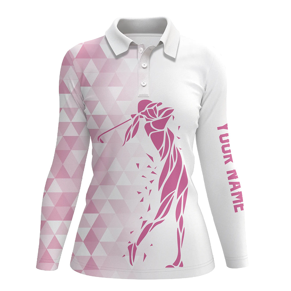 Personalized white and pink triangle pattern Womens golf polo shirts custom ladies golf tops NQS7267