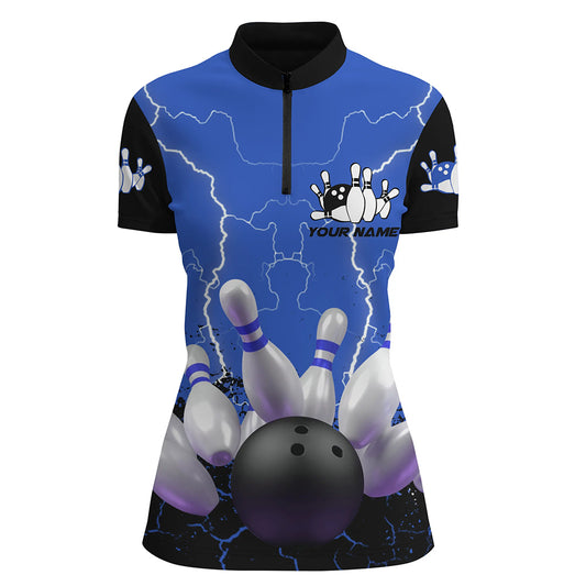 Custom Blue bowling shirt for women – personalized team jersey front view