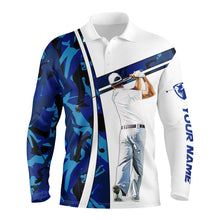 Load image into Gallery viewer, Personalized blue camo mens golf polo shirts custom name golf outfit men, golf gift ideas for him NQS3573