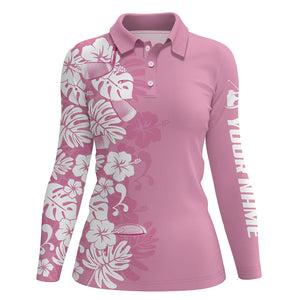 Pink Womens golf polo shirts custom white tropical leaf tournament golf tops for ladies, golfing gifts NQS6340