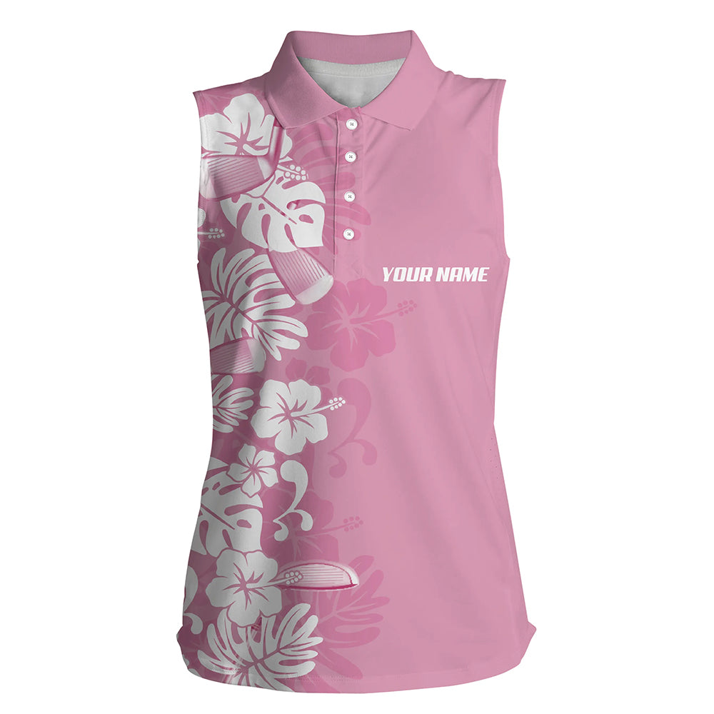 Pink Womens sleeveless polo shirt custom white tropical leaf tournament golf tops for ladies NQS6340