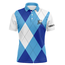 Load image into Gallery viewer, Mens golf polos shirts custom name blue and white golf pattern, personalized golf gifts NQS4516