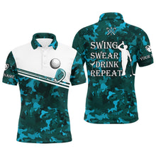 Load image into Gallery viewer, Mens golf polo shirt swing swear drink repeat custom name teal blue camo white men golf shirts NQS4883