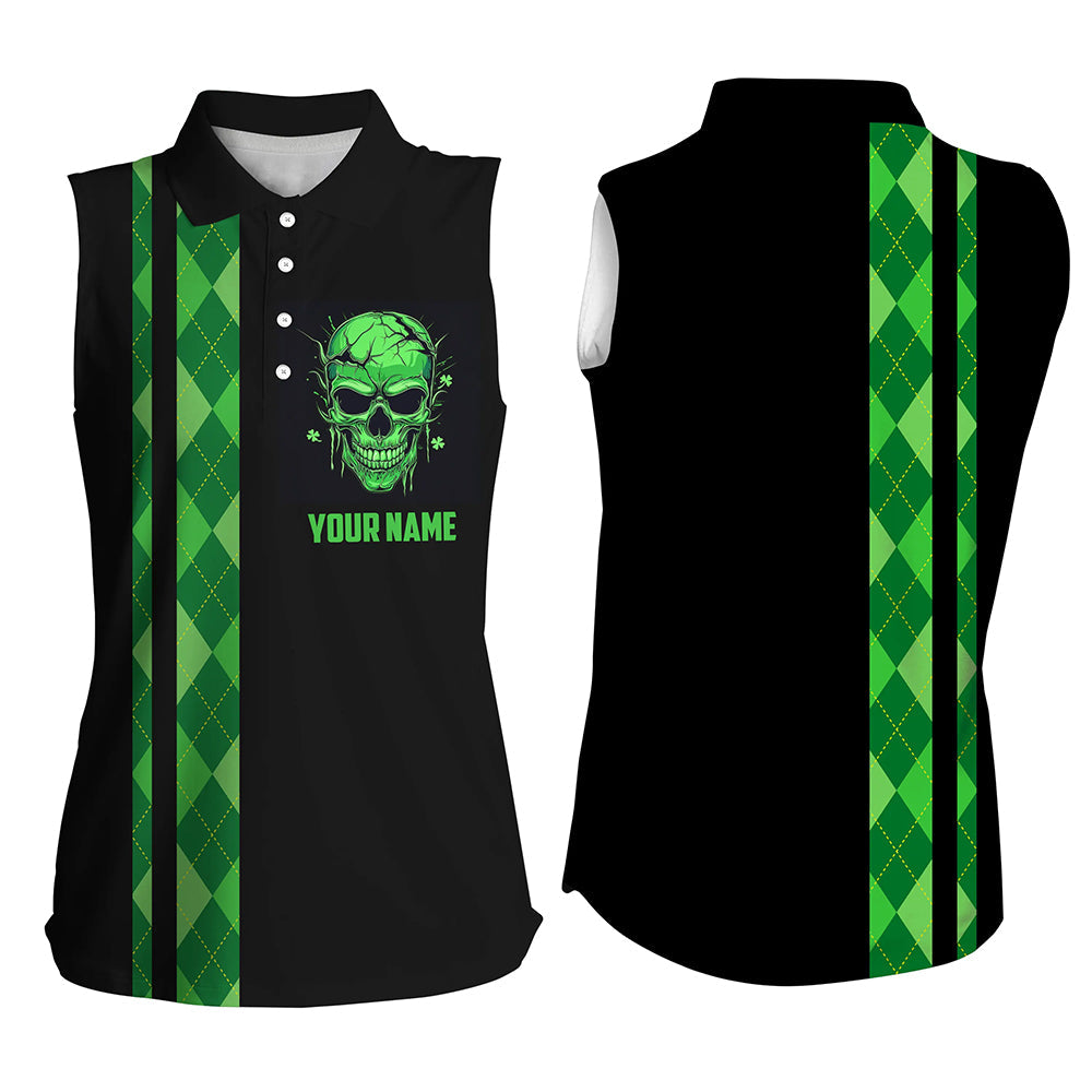 Personalized green argyle plaid skull Women sleeveless golf polo shirts, black golf apparel for ladies NQS7269