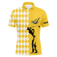 Load image into Gallery viewer, Personalized white argyle plaid pattern Mens golf polo shirts, custom Yellow golf tops for mens NQS7271