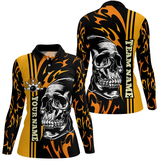 Women bowling polo shirt Custom black and yellow flame skull Bowling ball and pins Team league Jerseys NQS7275