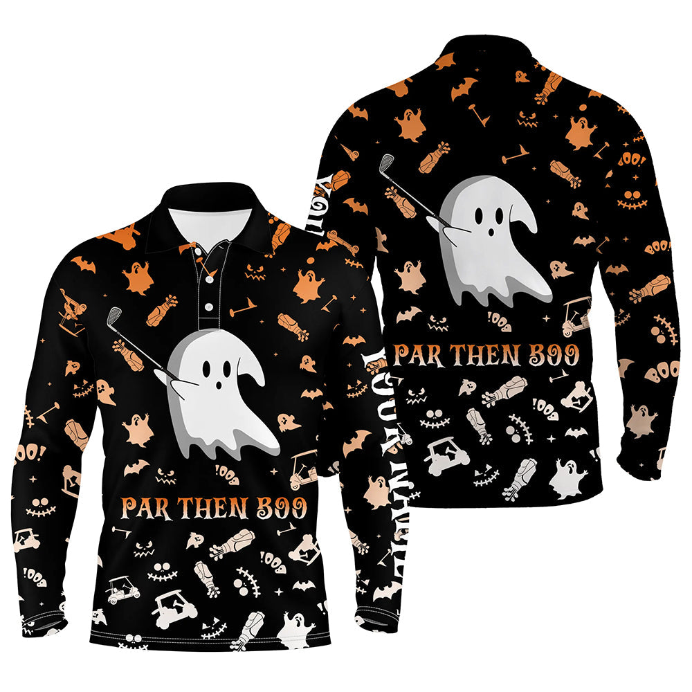 Funny black orange Halloween background mens golf polo shirts custom par then boo, unique golf gifts NQS6352