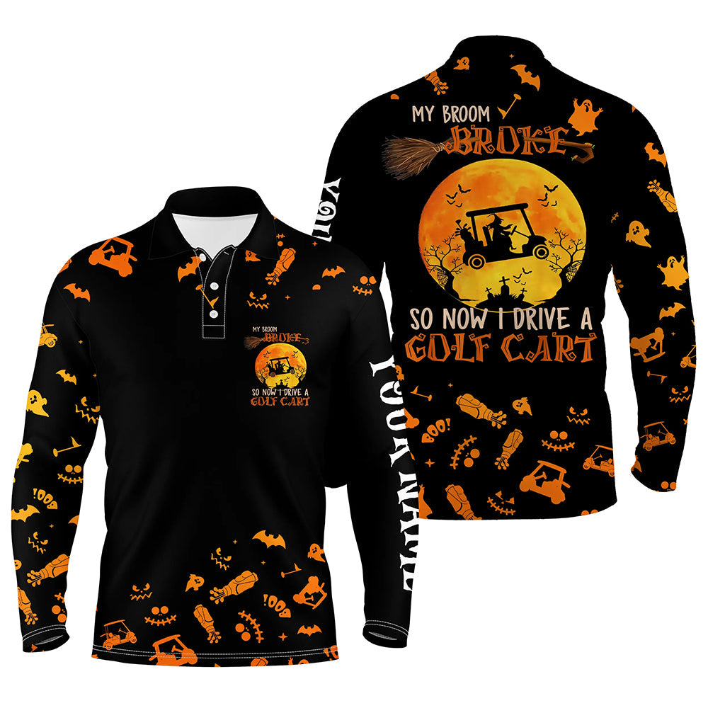 Funny black orange Halloween mens golf polo shirts custom my broom broke so now I drive a golf cart NQS6353