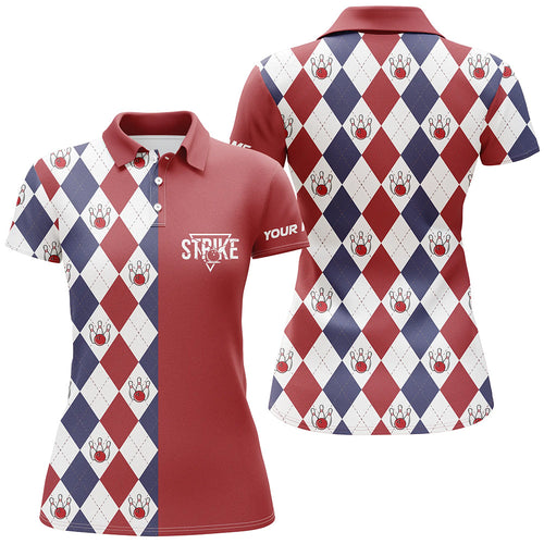 Red white blue argyle plaid pattern Womens bowling polo shirt custom bowling strike team jerseys NQS6830