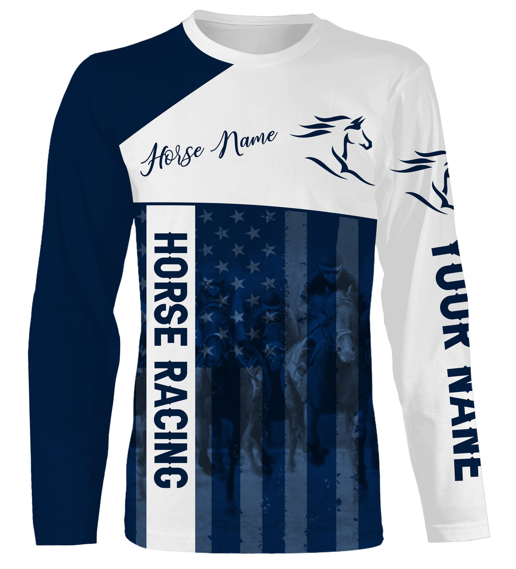 American horse running racing blue Customize Name and Horse name 3D All Over Printed Shirts NQS2805