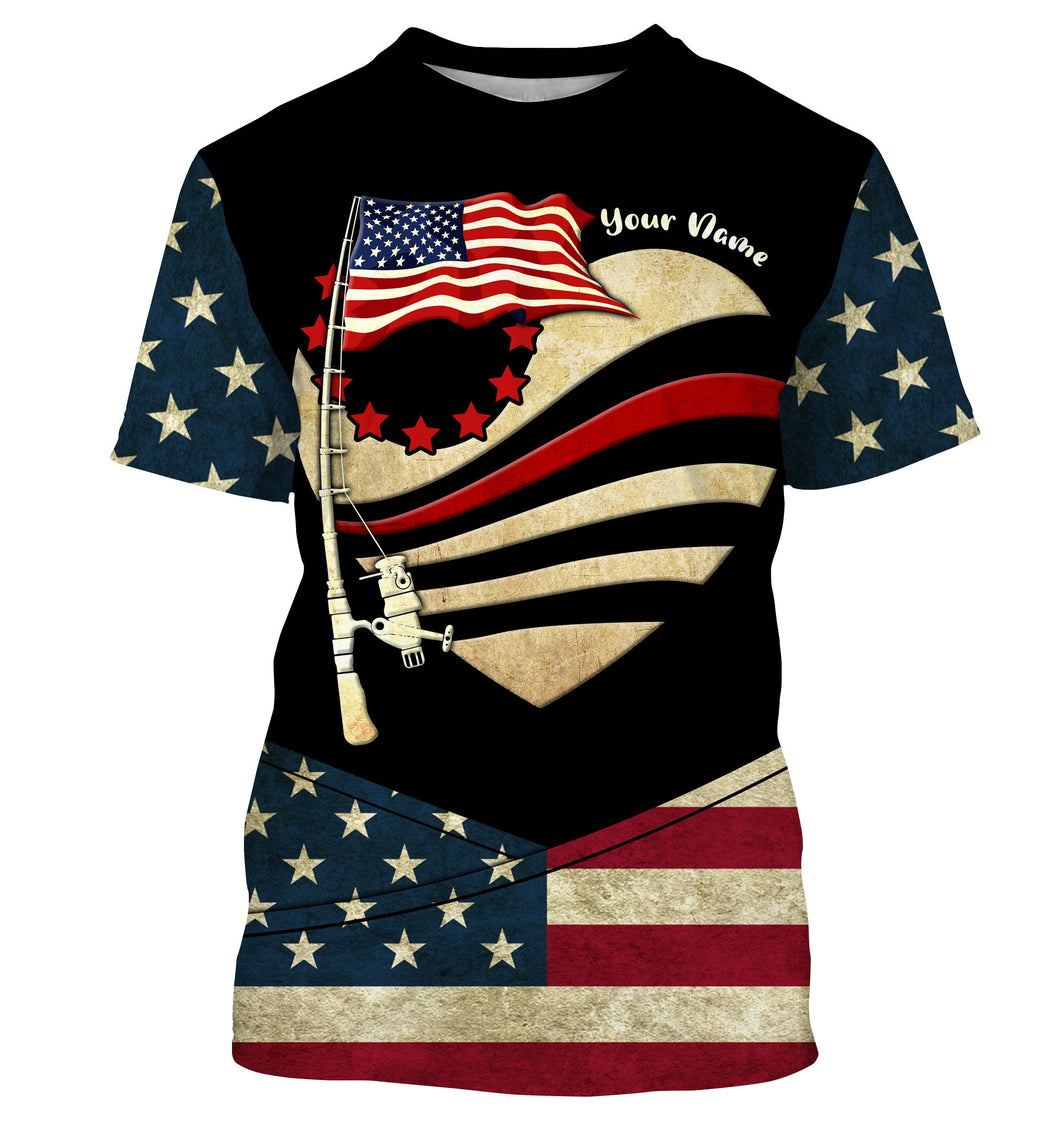 American Flag fishing rod Custom Name US flag long sleeves, hooded fishing shirt, Personalized Gifts for Fisherman NQS2930