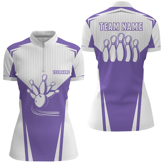 Women Bowling Quarter-Zip Shirt customize bowling strike team league jerseys, bowler gift | Purple NQS6831