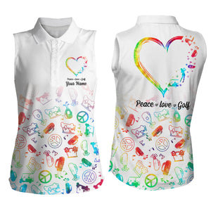 Womens sleeveless polo shirts custom watercolor peace love golf, personalized golf shirt for women NQS4905