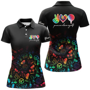 Black Womens golf polo shirt custom name watercolor peace love golf, personalized golf shirt for women NQS4906