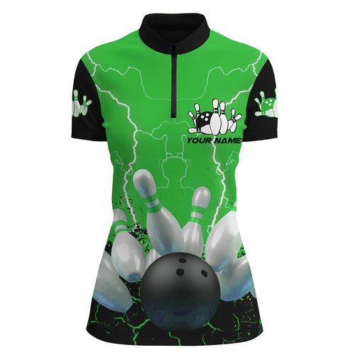 Green lightning Womens Quarter Zip shirts, Custom Bowling Team Bowlers Jersey, bowling team uniforms NQS7280
