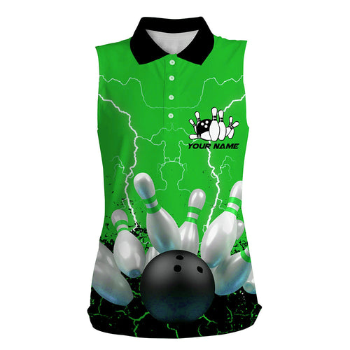 Green lightning Women bowling sleeveless polo shirt, Personalized Team bowling female bowling uniform NQS7280