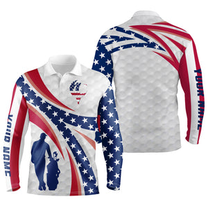 Personalized golf polo shirts American flag white custom name mens long sleeve golf tops, golfing gift NQS3462