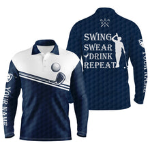 Load image into Gallery viewer, Mens golf polo shirt swing swear drink repeat custom name blue navy white men golf shirts NQS4325