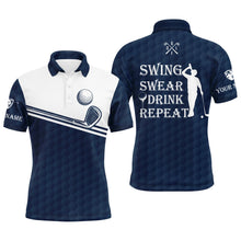 Load image into Gallery viewer, Mens golf polo shirt swing swear drink repeat custom name blue navy white men golf shirts NQS4325