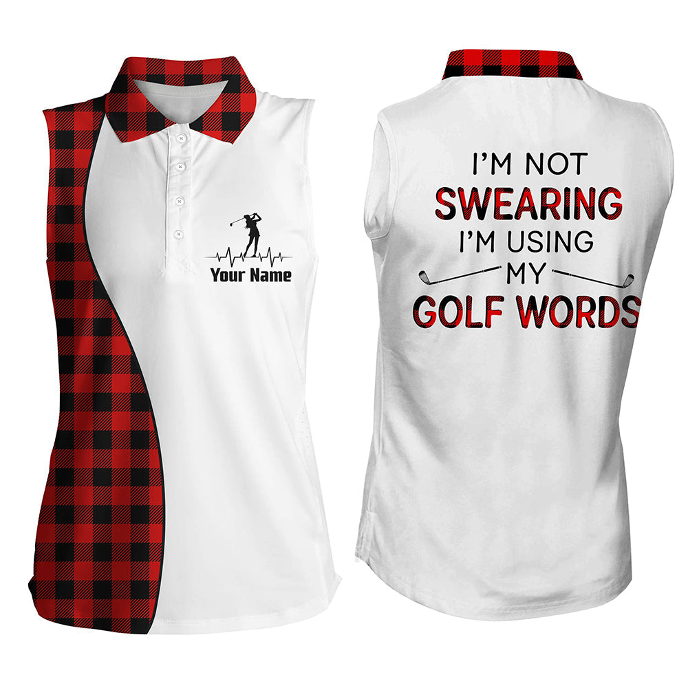 Red argyle plaid Christmas pattern custom Womens sleeveless polo shirt Im not swearing using golf word NQS6845