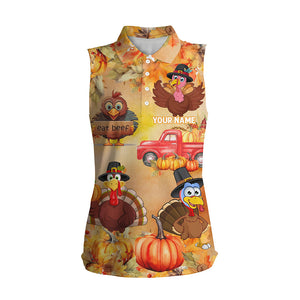 Funny Thanksgiving Turkey Women sleeveless polo shirt custom Pumpkin Autumn Fall Leaves golf tops NQS6851