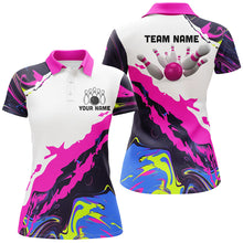 Load image into Gallery viewer, Women bowling polo shirts Custom Bowling ball and pins Team league Jerseys, gifts for bowlers | Pink NQS7283