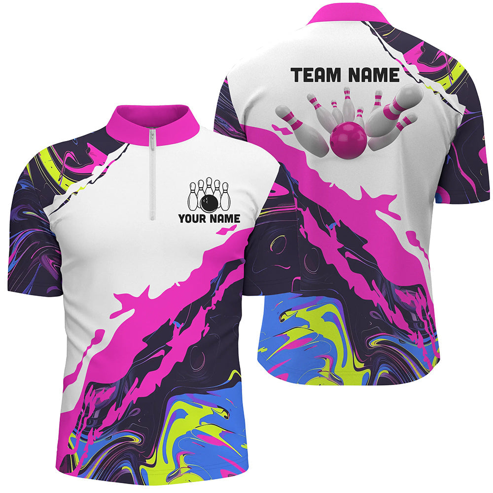 Men bowling Quarter Zip shirts Custom Bowling ball pins Team league Jerseys, gifts for bowlers | Pink NQS7283