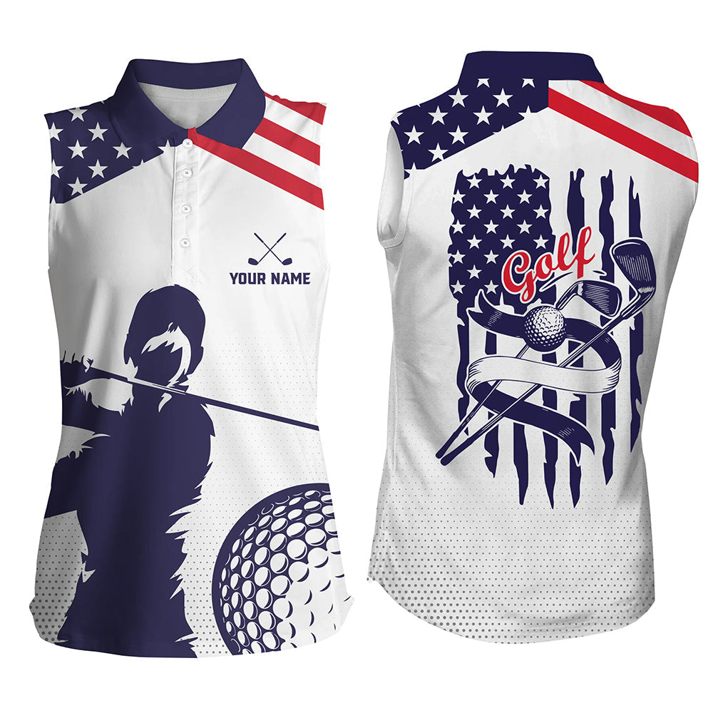 American flag patriot Women sleeveless golf polo shirt custom red white and blue golf apparel NQS7285