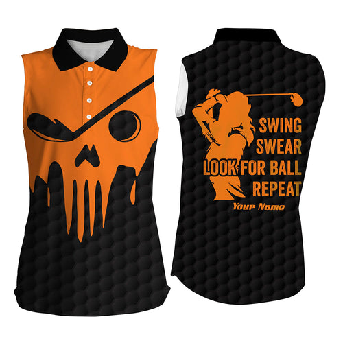 Swing swear look for ball repeat orange golf skull black womens sleeveless golf polo shirt NQS6591