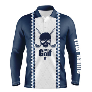 Just golf it Mens golf polo shirt blue and white golf skull custom name golf gifts for men NQS4332